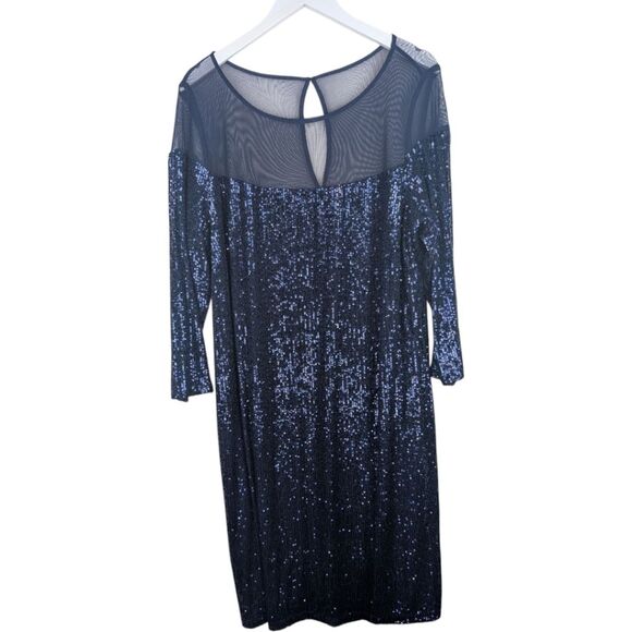 NWT R & M Richards Sequin Long Sleeve Knee-Length Evening Dress Navy Blue 20w - Picture 5 of 8